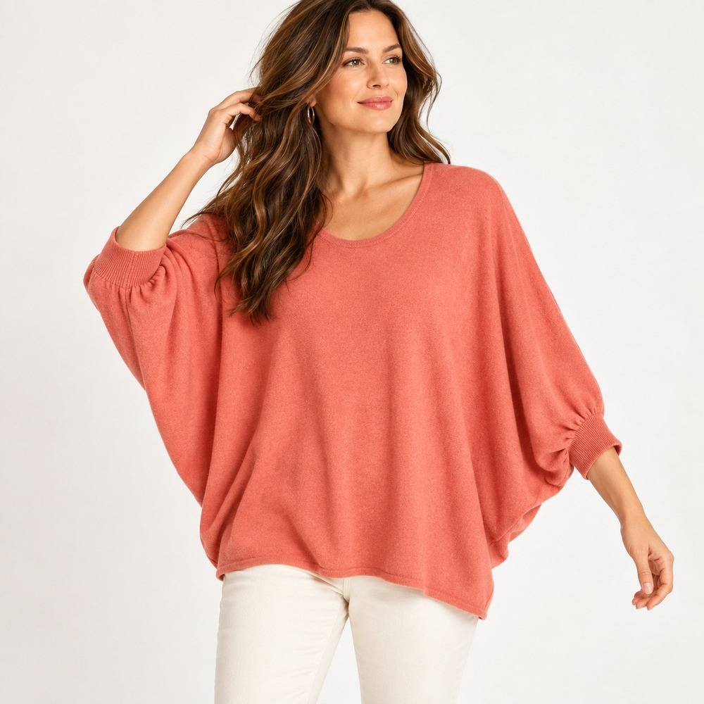 Garnet Hill 100% Cashmere Dolman Batwing Sweater Coral Pink Womens M Oversized